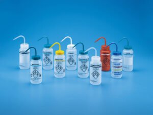 Safety Labelled Self-Venting Wide Mouth Wash Bottle, LDPE – Tarsons (Ethanol / Methanol / Saline Solution)