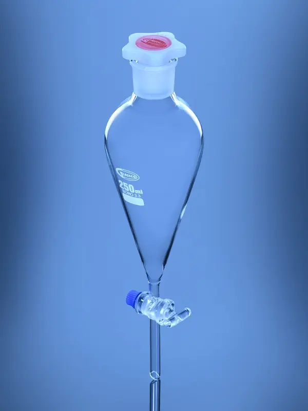Separating Funnel, Squibb Shape, Without Graduation, Solid Glass Stopcock, ISO – Glassco